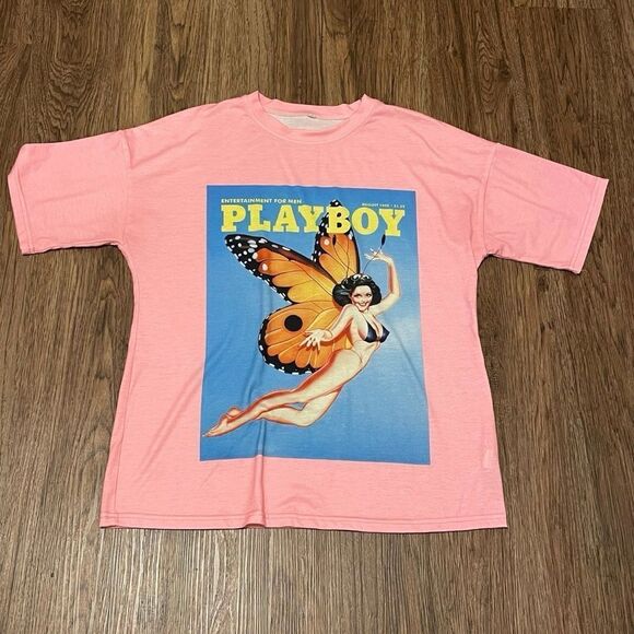Pink T-shirt With Picture Of 1976 Playboy Magazine Cover Size Large - Picture 1 of 6